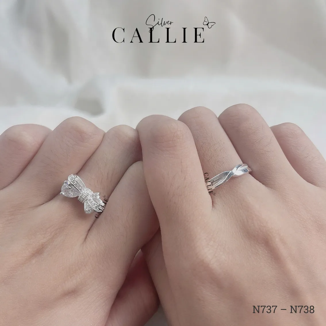 N737 - N738: Nhẫn Bạc Đôi Thiết Kế Callie Silver Nơ Đính Đá - Image 2