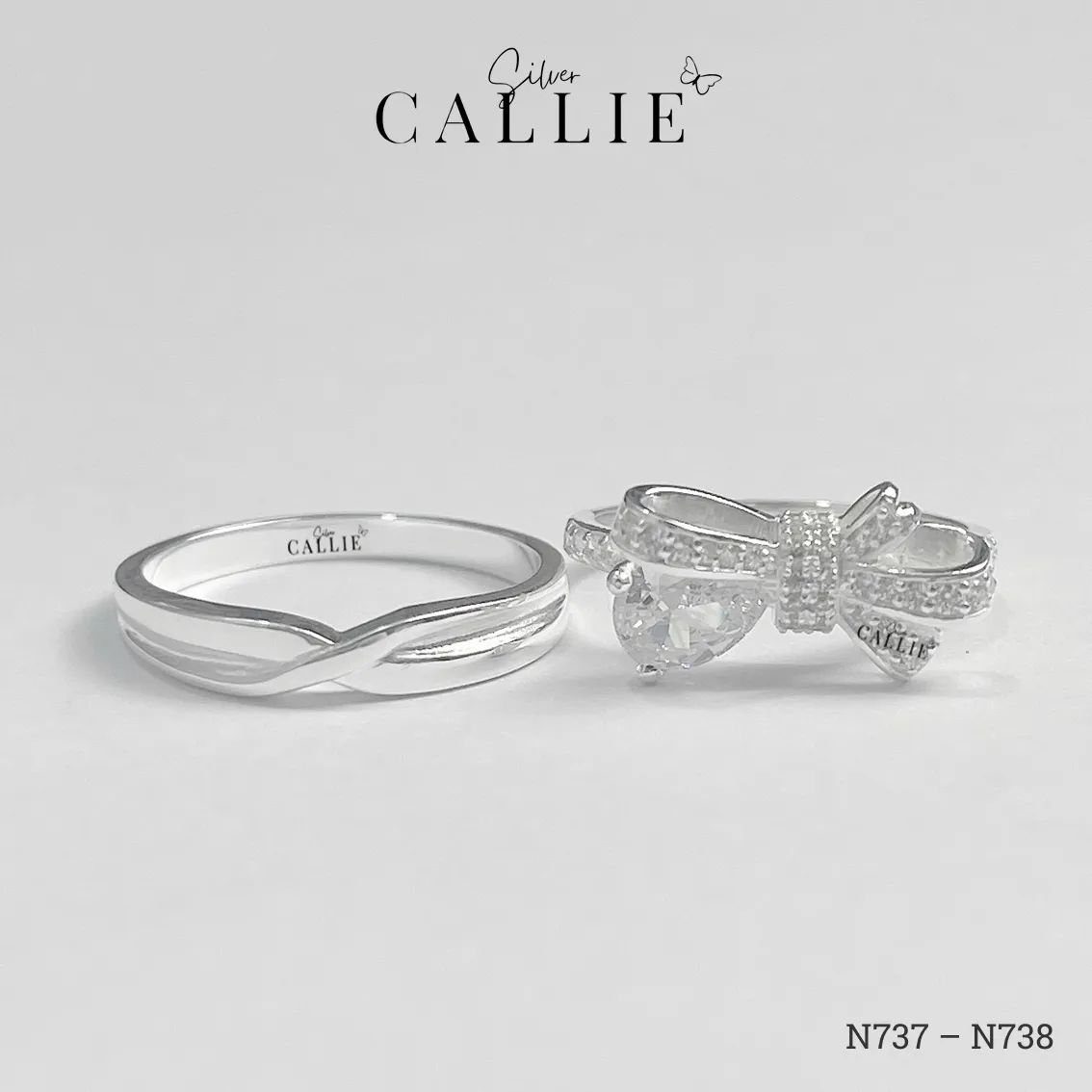 N737 - N738: Nhẫn Bạc Đôi Thiết Kế Callie Silver Nơ Đính Đá