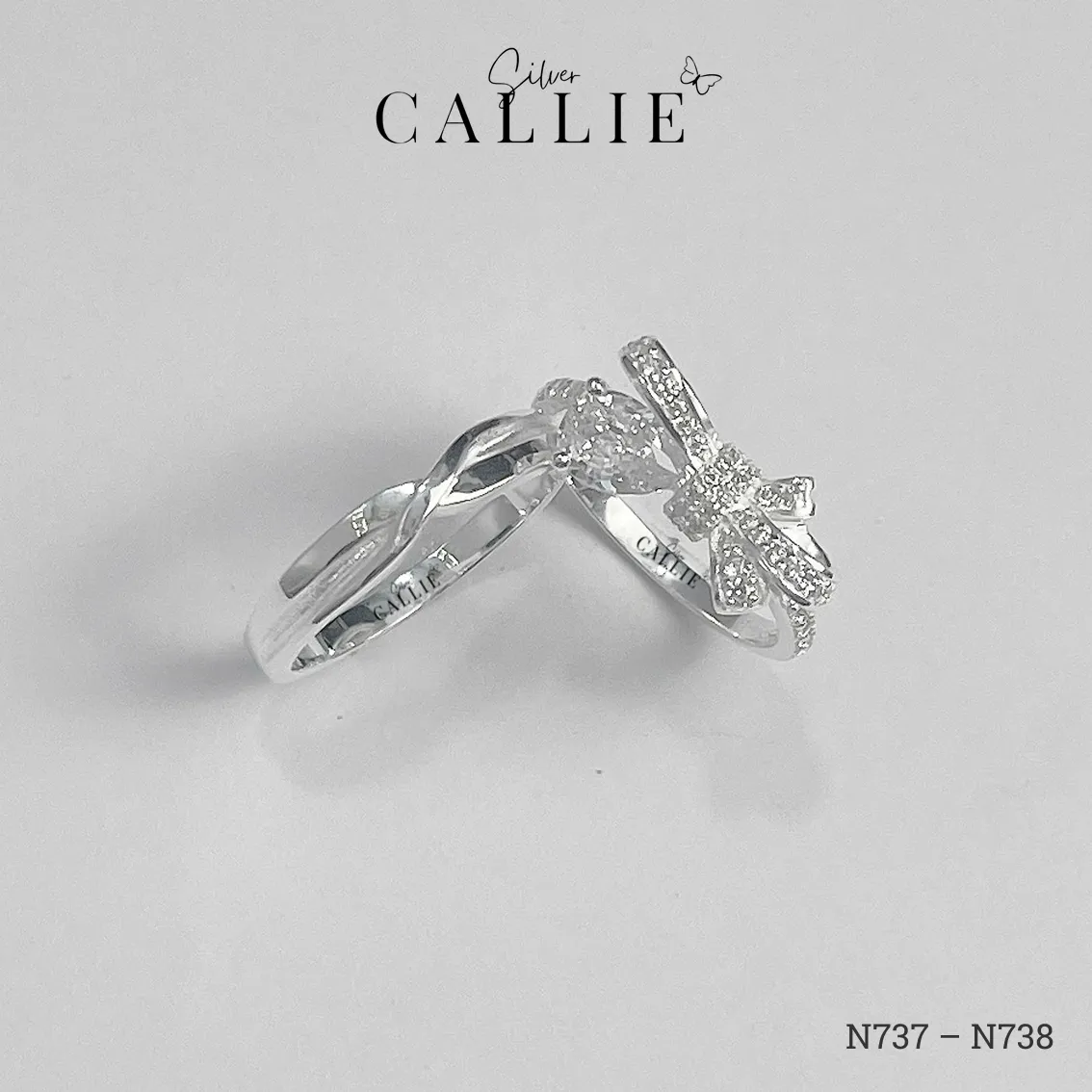 N737 - N738: Nhẫn Bạc Đôi Thiết Kế Callie Silver Nơ Đính Đá - Image 4