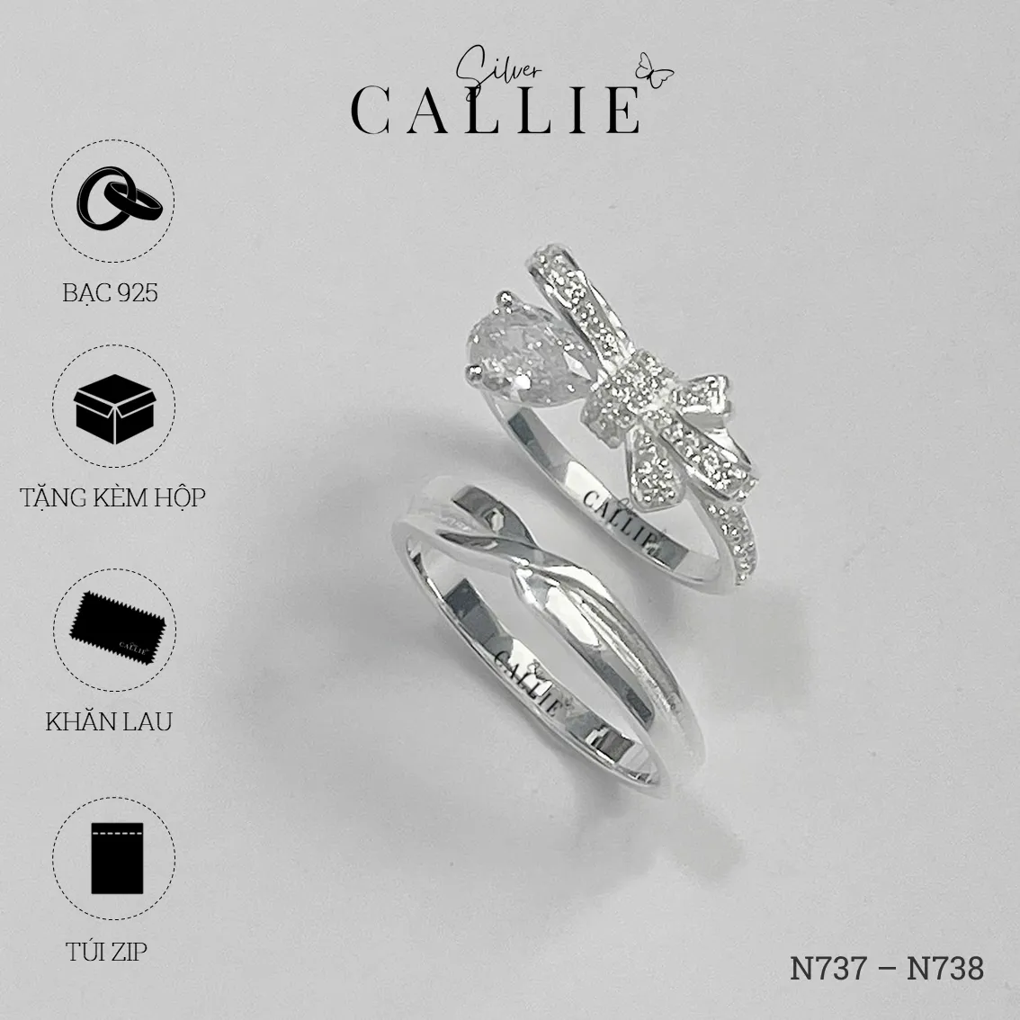 N737 - N738: Nhẫn Bạc Đôi Thiết Kế Callie Silver Nơ Đính Đá - Image 9