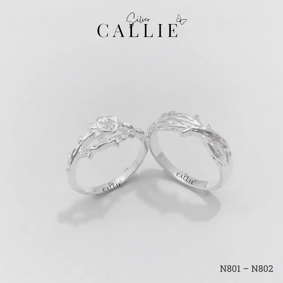 N801 - N802: Nhẫn đôi thiết kế Callie Silver hoa hồng và dây gai - Hình ảnh 3