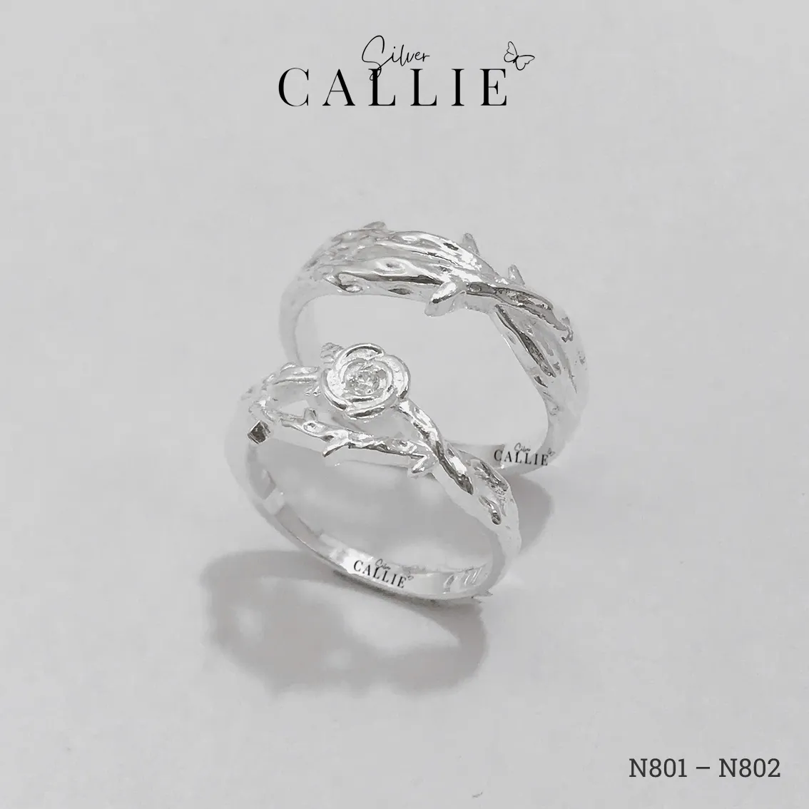 N801 - N802: Nhẫn đôi thiết kế Callie Silver hoa hồng và dây gai - Hình ảnh 4