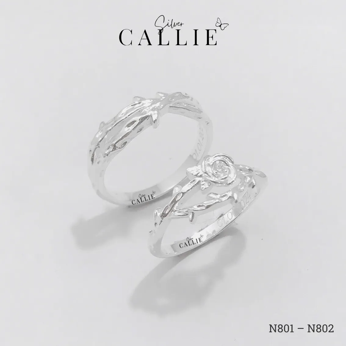 N801 - N802: Nhẫn đôi thiết kế Callie Silver hoa hồng và dây gai - Hình ảnh 5