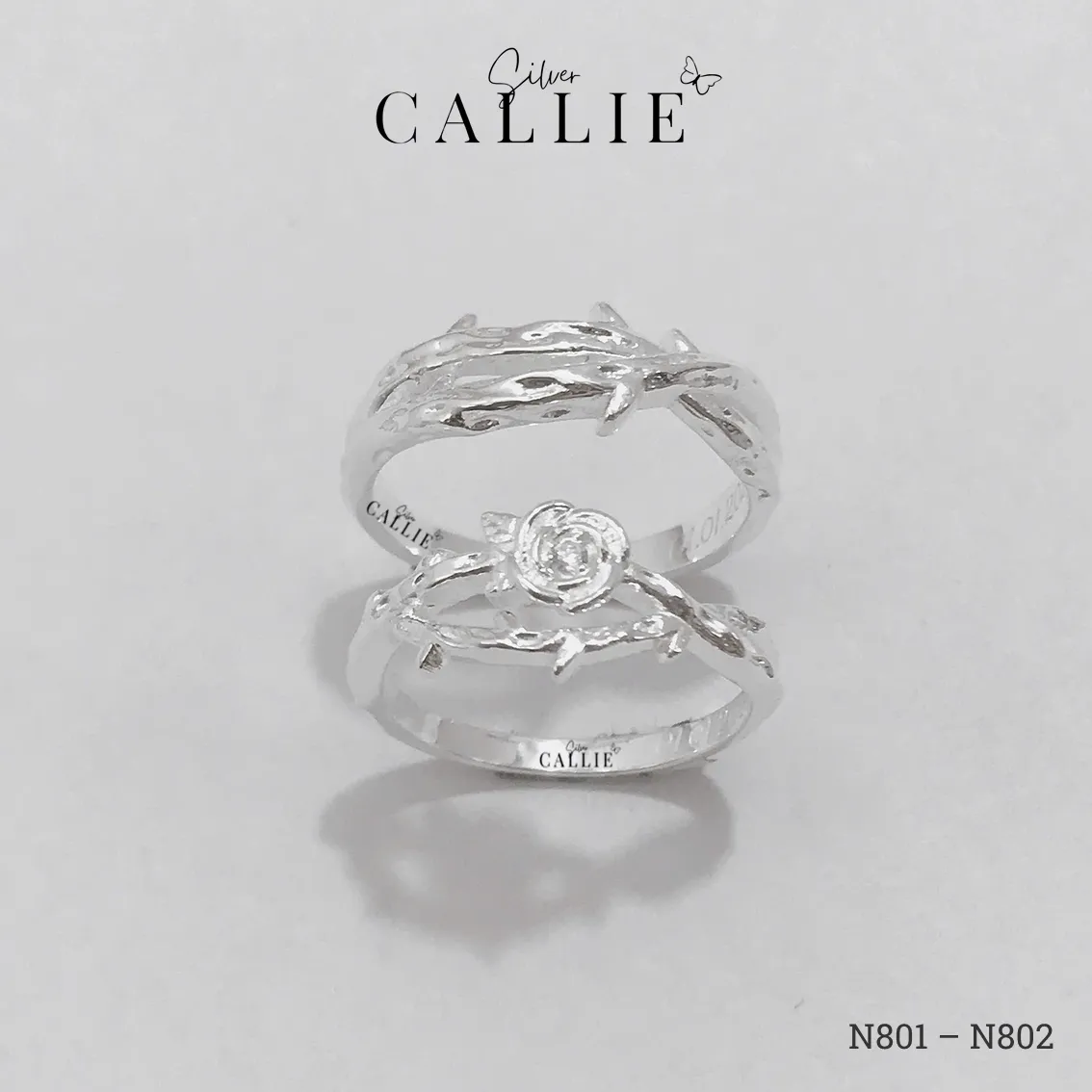 N801 - N802: Nhẫn đôi thiết kế Callie Silver hoa hồng và dây gai