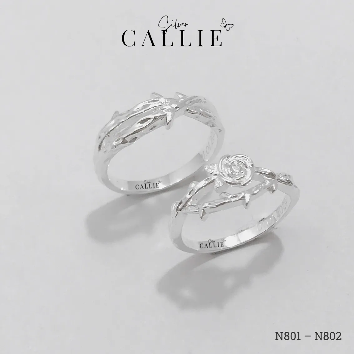 N801 - N802: Nhẫn đôi thiết kế Callie Silver hoa hồng và dây gai - Hình ảnh 7