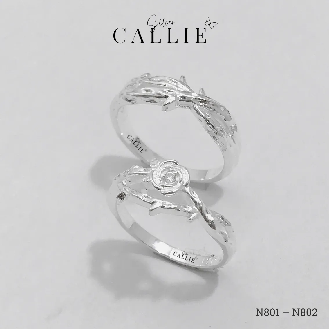 N801 - N802: Nhẫn đôi thiết kế Callie Silver hoa hồng và dây gai - Hình ảnh 8