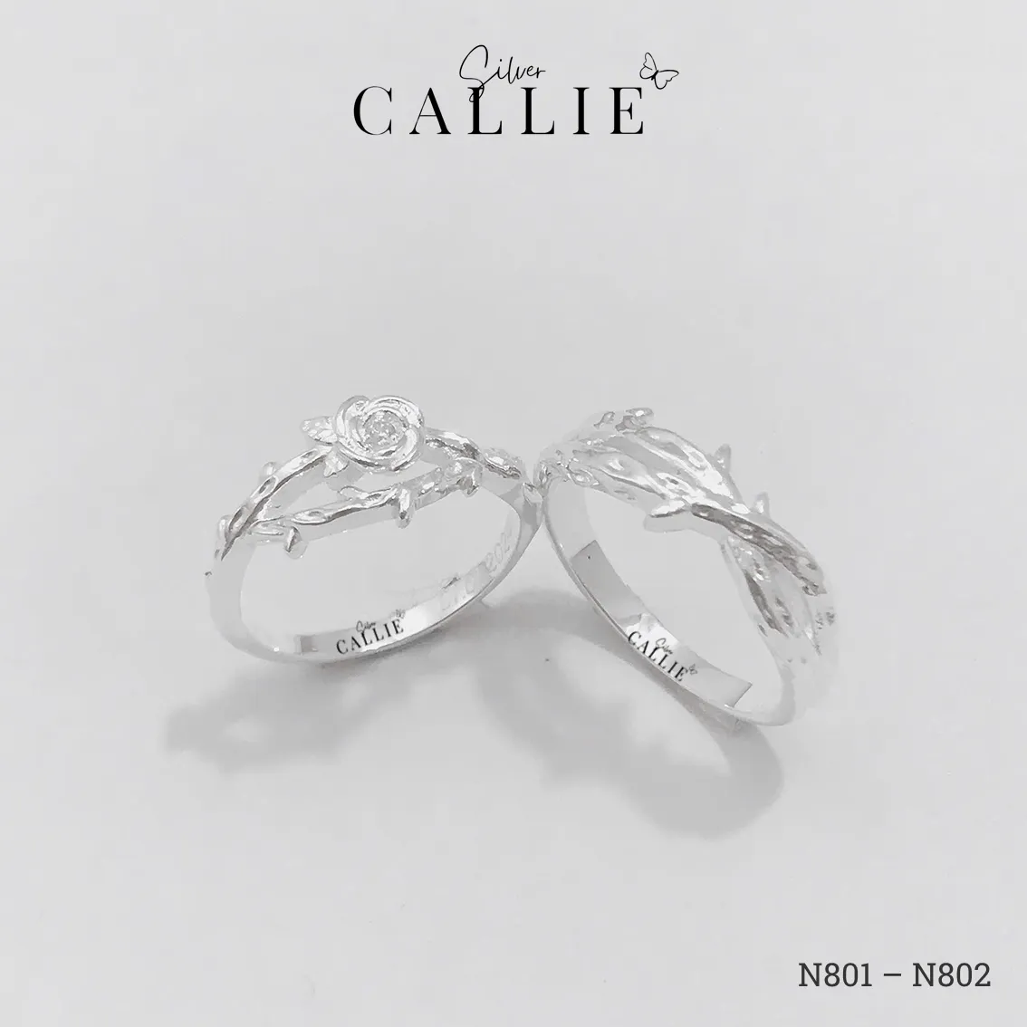 N801 - N802: Nhẫn đôi thiết kế Callie Silver hoa hồng và dây gai - Hình ảnh 9