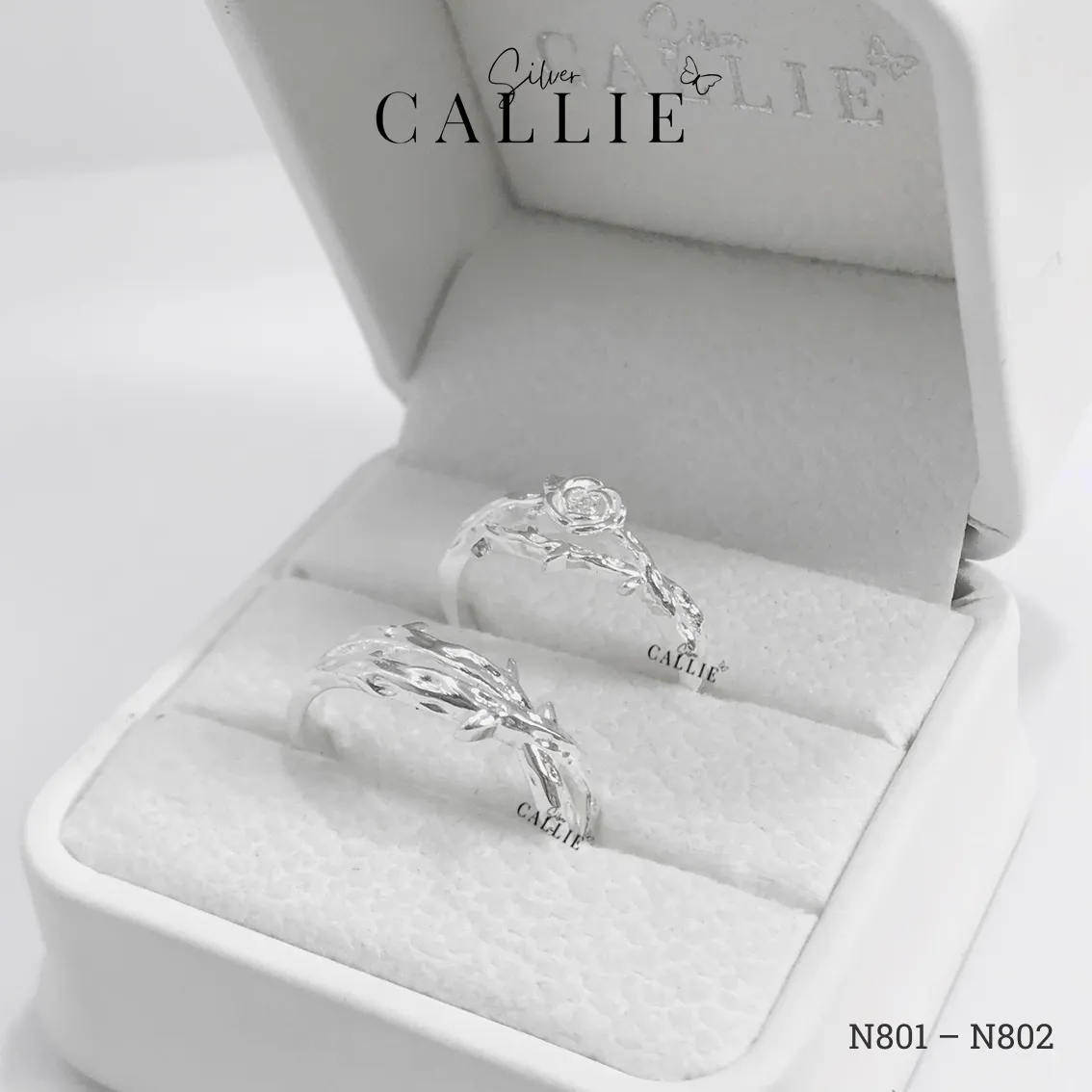 N801 - N802: Nhẫn đôi thiết kế Callie Silver hoa hồng và dây gai - Hình ảnh 10