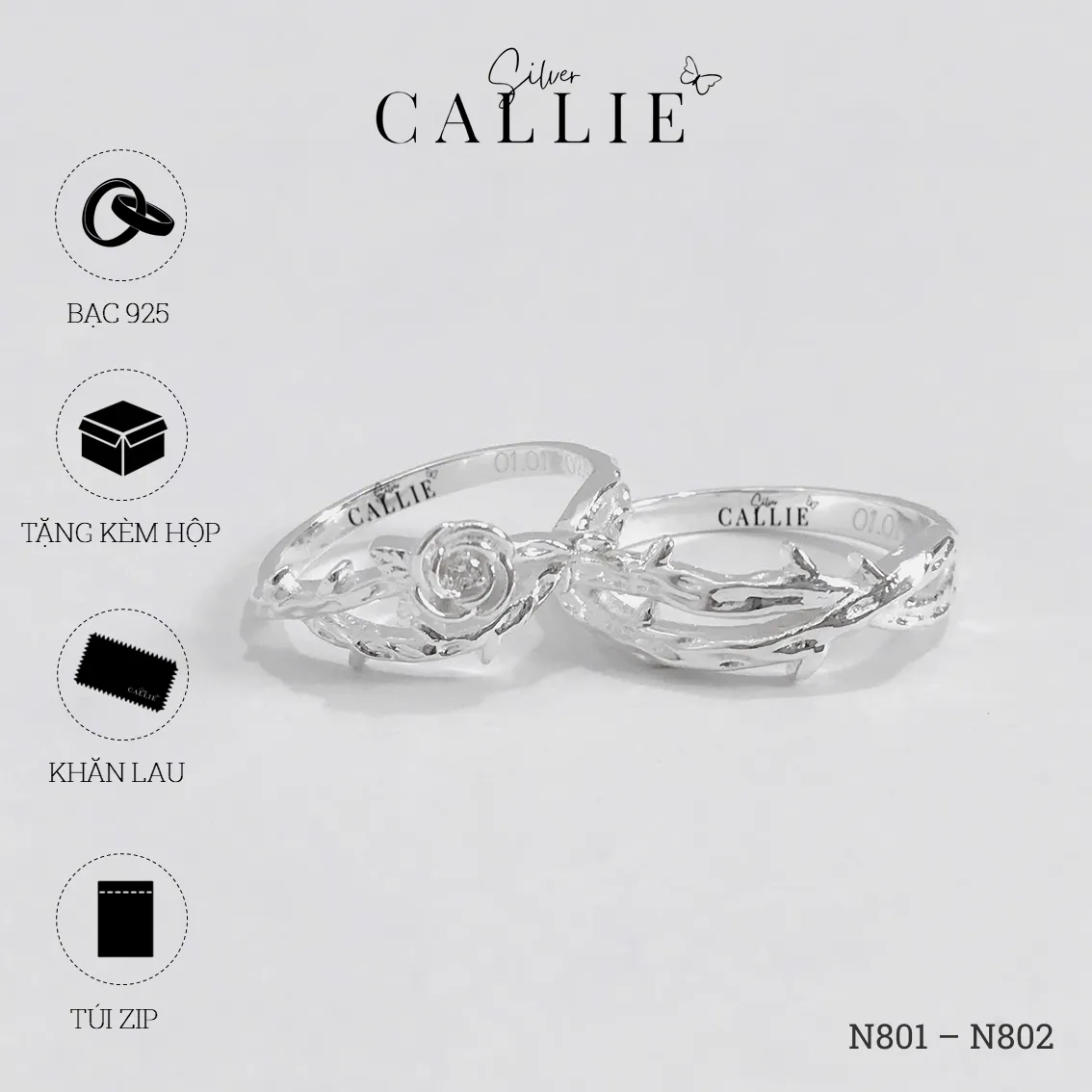 N801 - N802: Nhẫn đôi thiết kế Callie Silver hoa hồng và dây gai - Hình ảnh 11