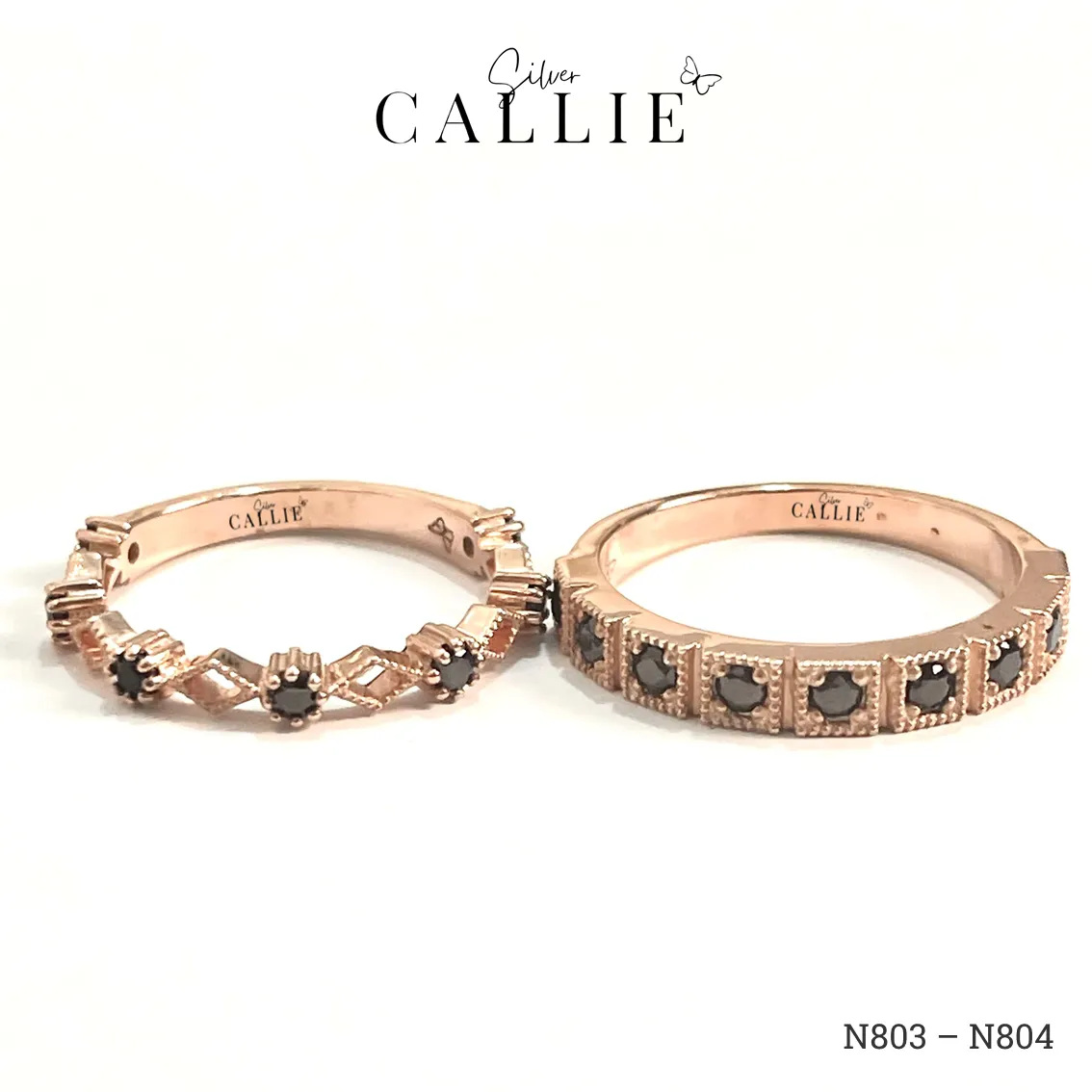N803 - N804: Nhẫn đôi thiết kế Callie Silver xi vàng hồng