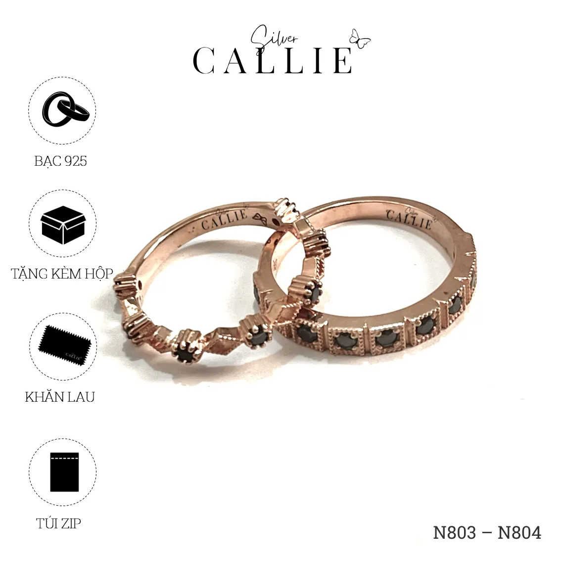 N803 - N804: Nhẫn đôi thiết kế Callie Silver xi vàng hồng - Hình ảnh 10