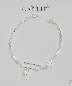 LT283 - Lắc tay thiết kế Callie Silver Safety Pin và đá Pink Quartz