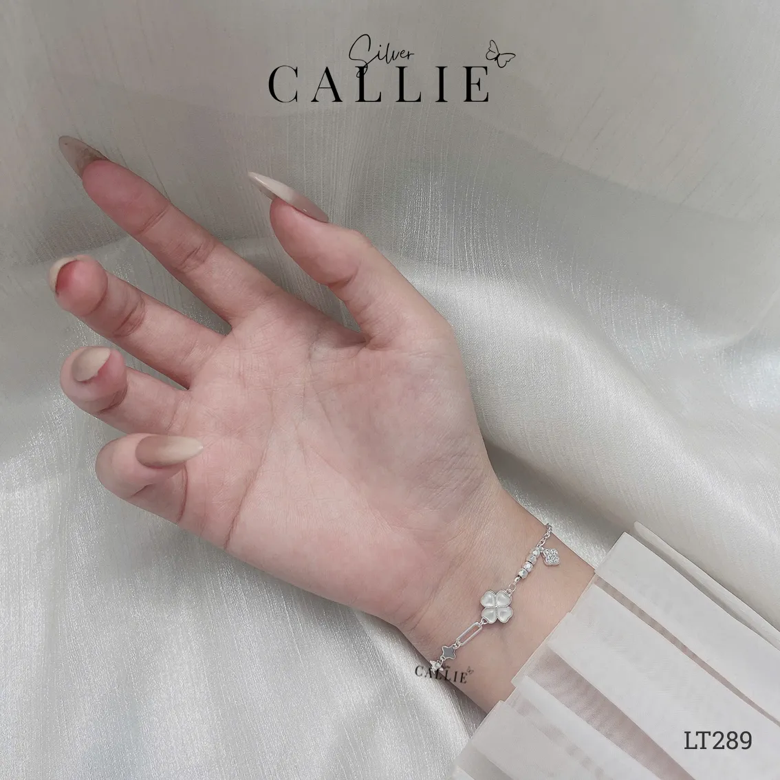 LT289 - Lắc tay bạc Callie Silver cỏ 4 lá đá bầu kem - Hình ảnh 2