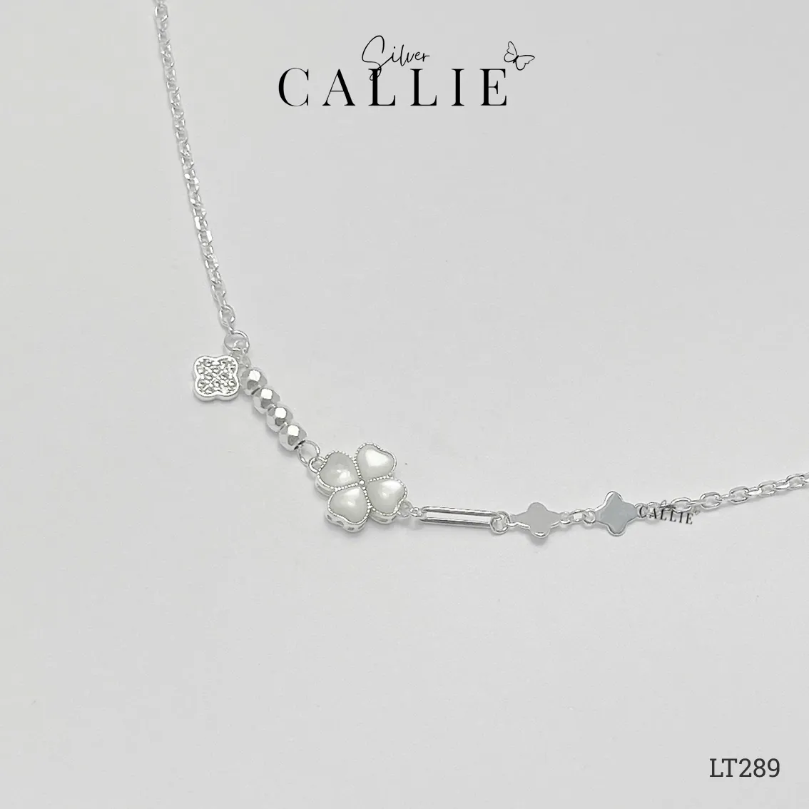 LT289 - Lắc tay bạc Callie Silver cỏ 4 lá đá bầu kem - Hình ảnh 4
