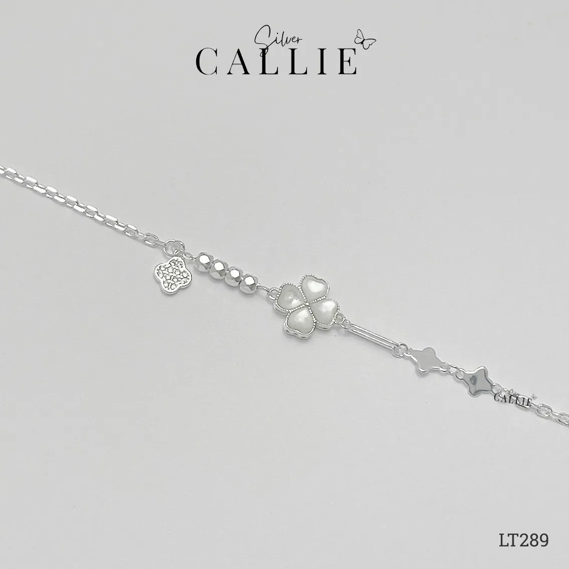 LT289 - Lắc tay bạc Callie Silver cỏ 4 lá đá bầu kem - Hình ảnh 3