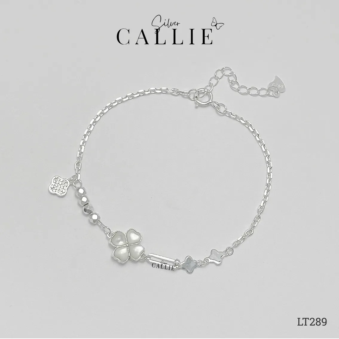 LT289 - Lắc tay bạc Callie Silver cỏ 4 lá đá bầu kem