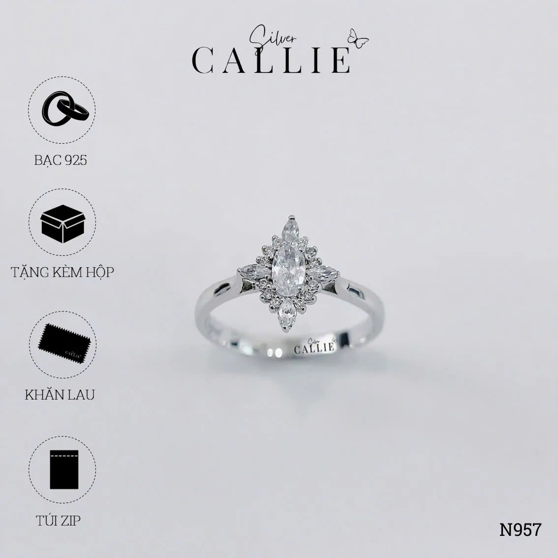 N957 - Nhẫn Bạc Thiết Kế Callie Silver Đá Oval Đính Đá Nhỏ Xung Quanh - Image 8