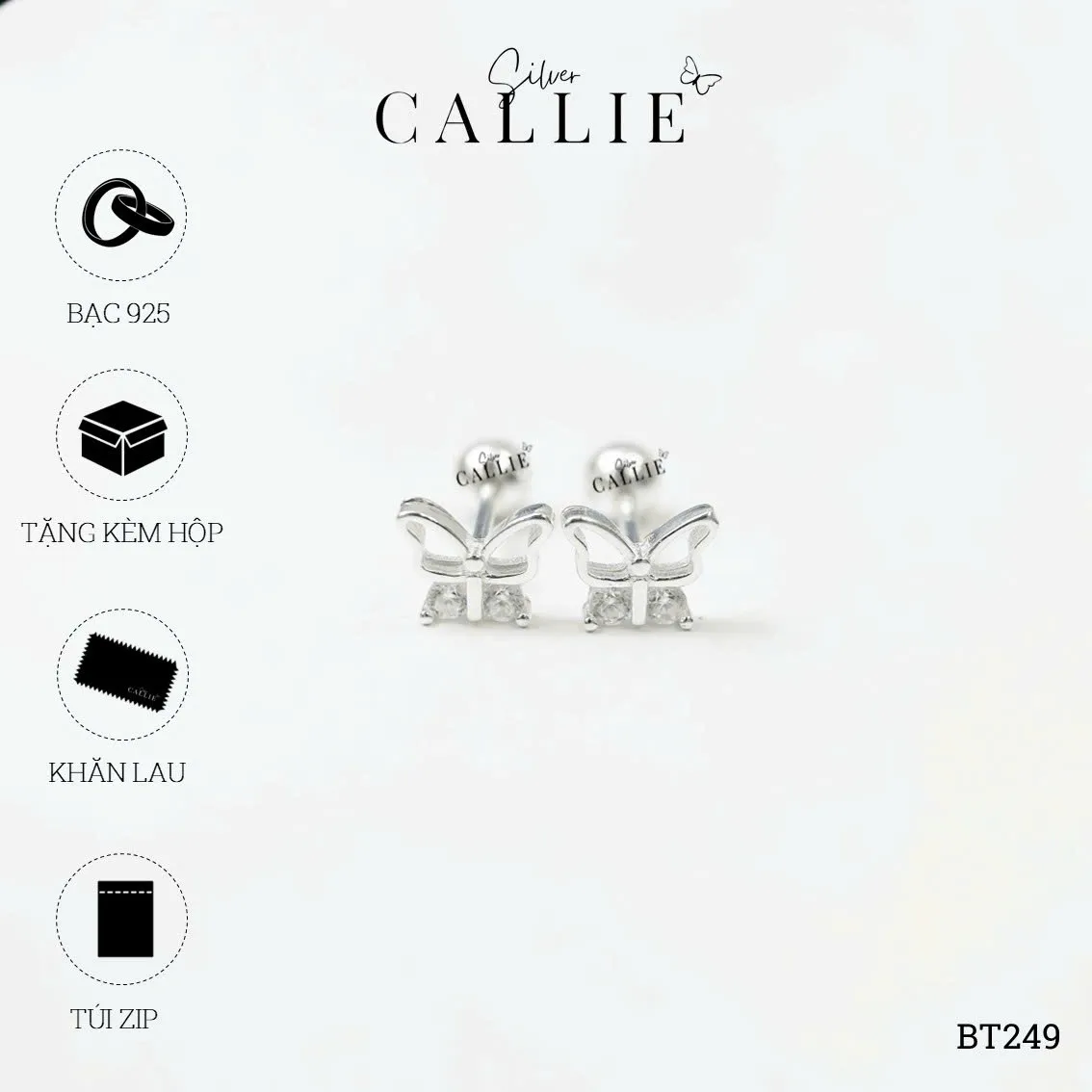 BT249 - Bông tai bạc Callie Silver bướm bướm đính đá đuôi vặn - Hình ảnh 10