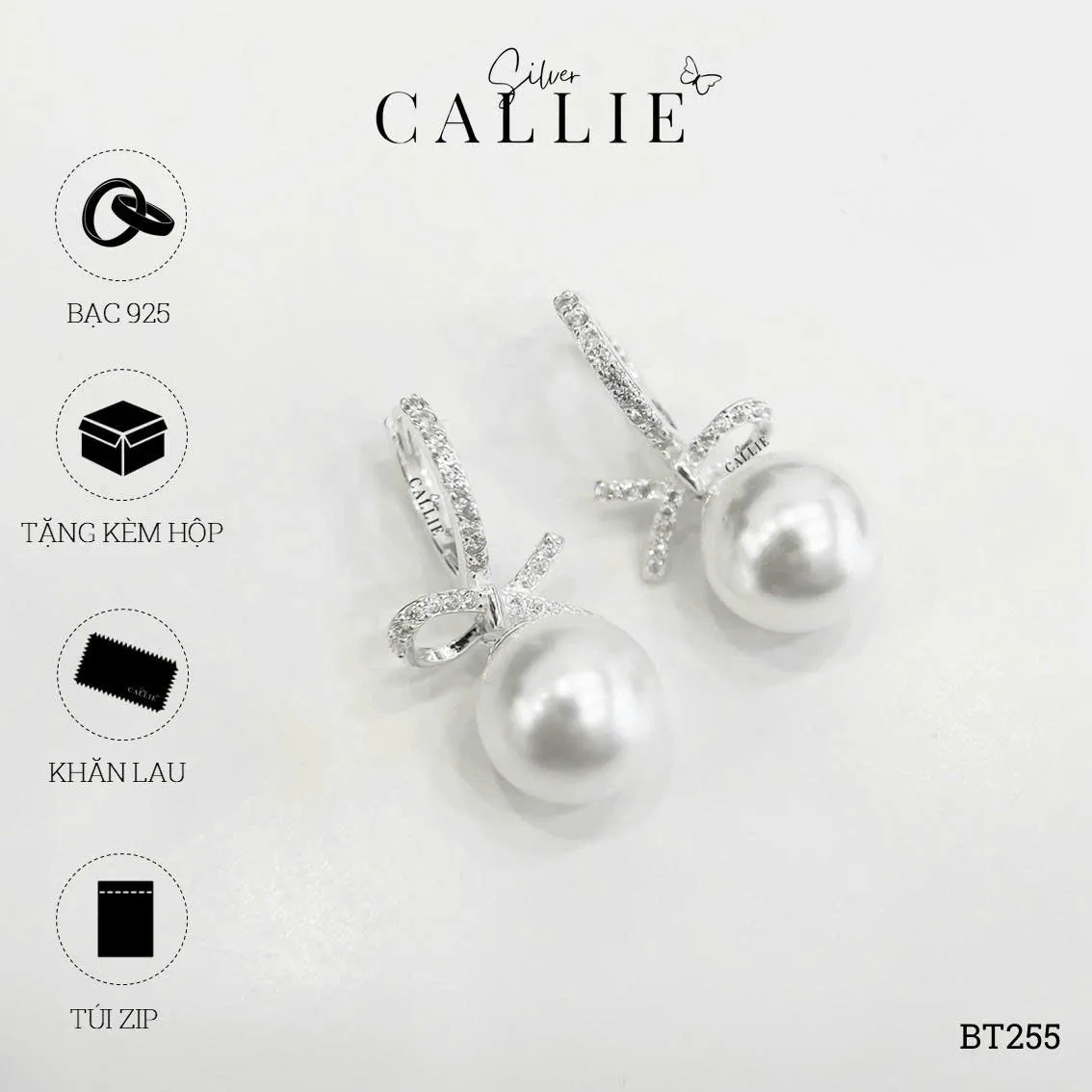 BT255 - Bông tai bạc Callie Silver khoen đính đá charm nơ treo hột bẹt - Image 12