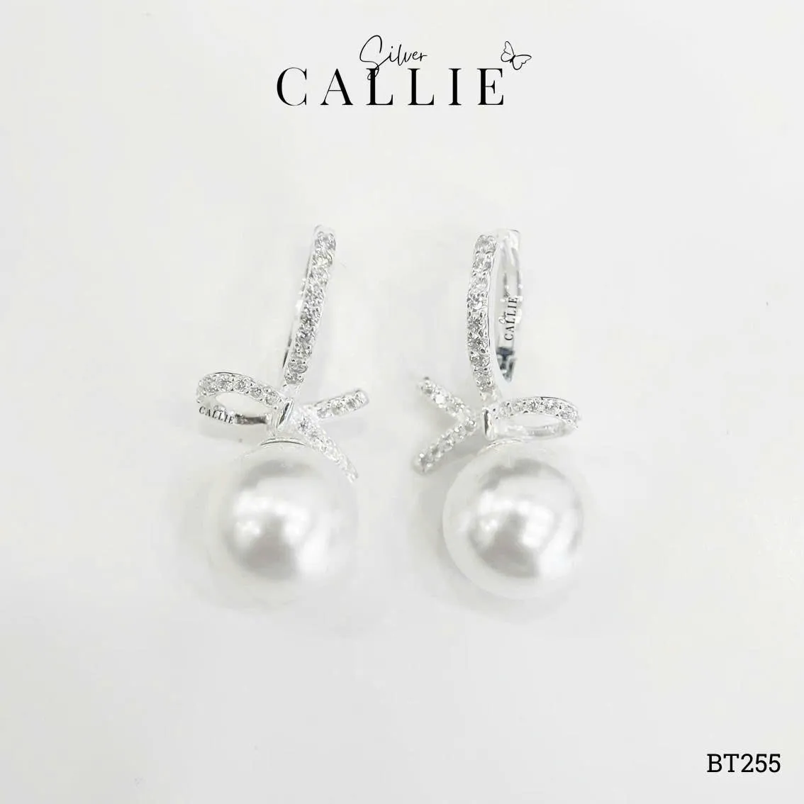 BT255 - Bông tai bạc Callie Silver khoen đính đá charm nơ treo hột bẹt - Image 3