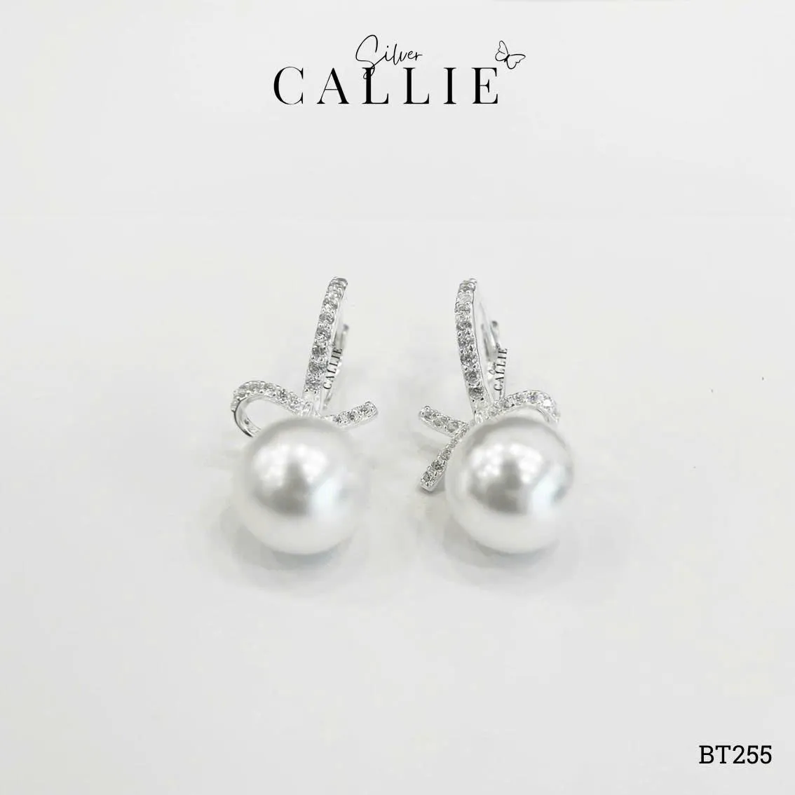BT255 - Bông tai bạc Callie Silver khoen đính đá charm nơ treo hột bẹt - Image 4