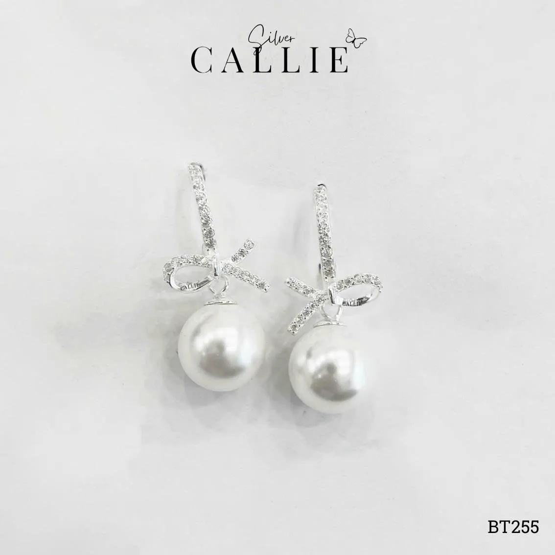 BT255 - Bông tai bạc Callie Silver khoen đính đá charm nơ treo hột bẹt - Image 5