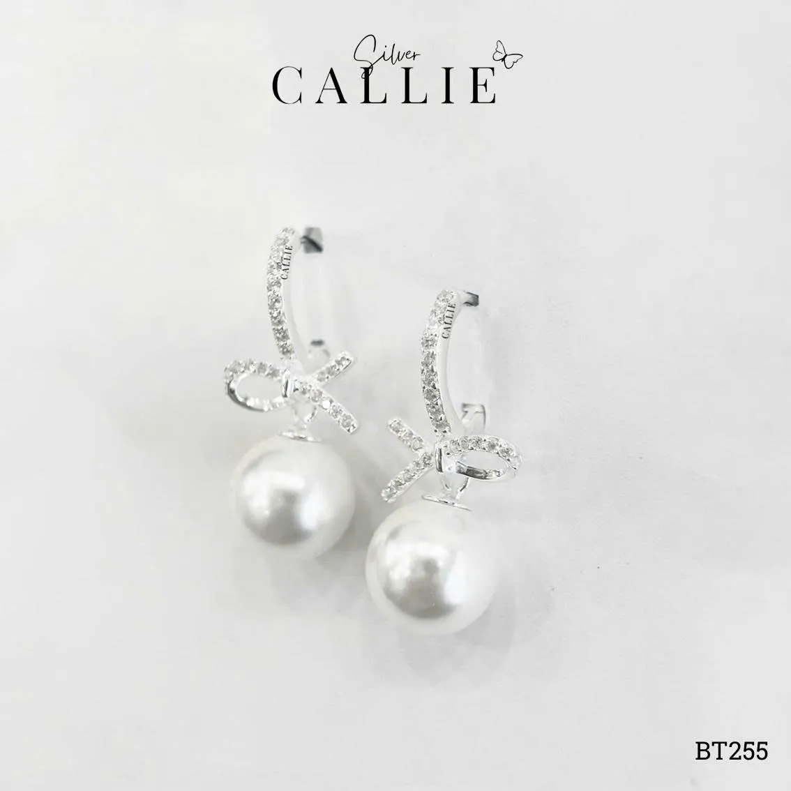 BT255 - Bông tai bạc Callie Silver khoen đính đá charm nơ treo hột bẹt
