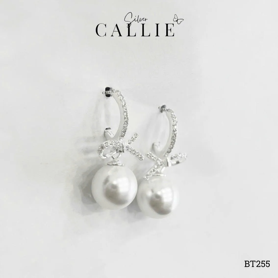 BT255 - Bông tai bạc Callie Silver khoen đính đá charm nơ treo hột bẹt - Image 7