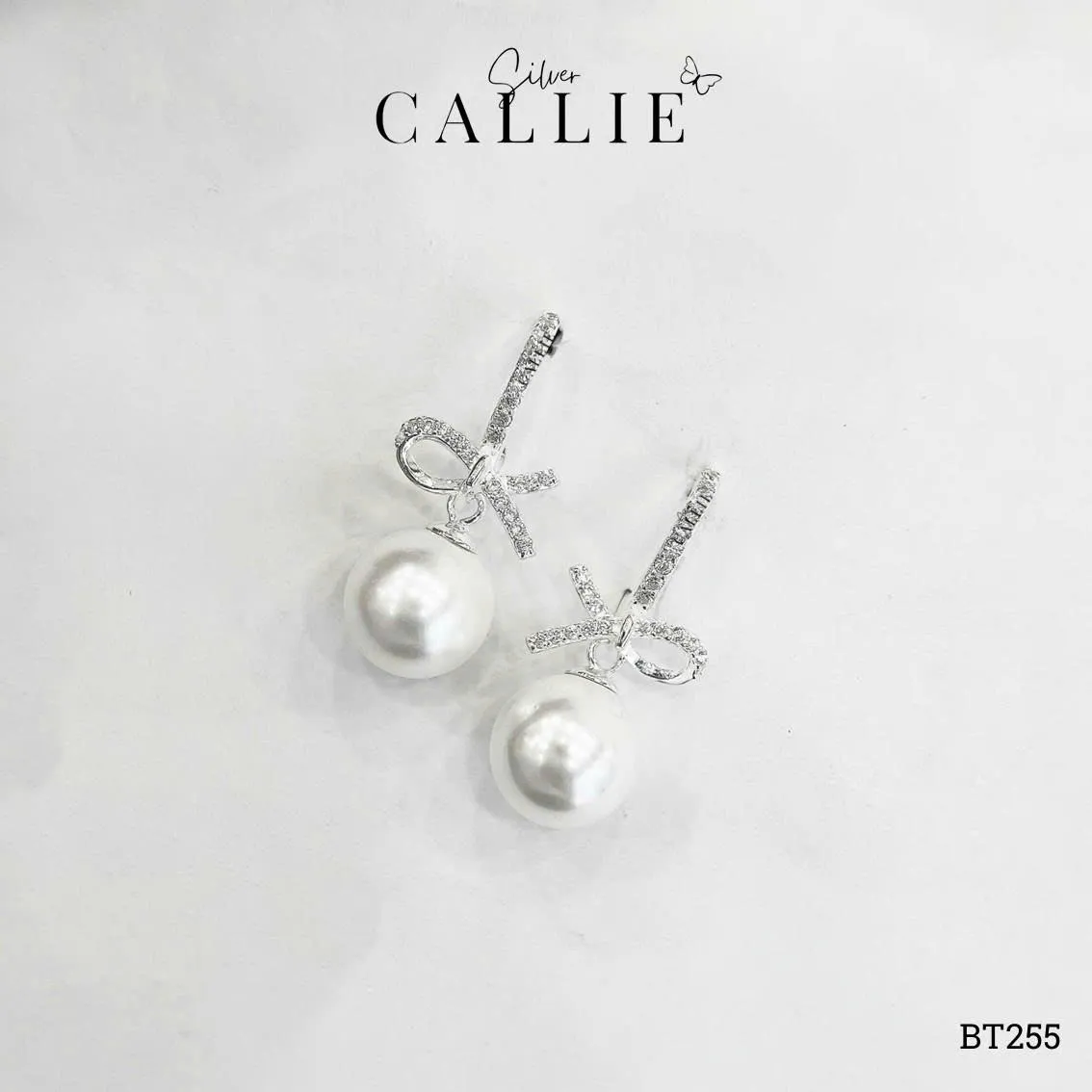 BT255 - Bông tai bạc Callie Silver khoen đính đá charm nơ treo hột bẹt - Image 8