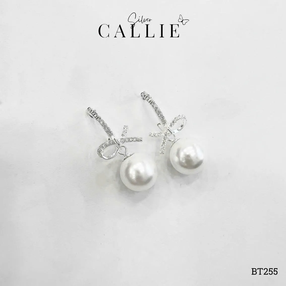 BT255 - Bông tai bạc Callie Silver khoen đính đá charm nơ treo hột bẹt - Image 9