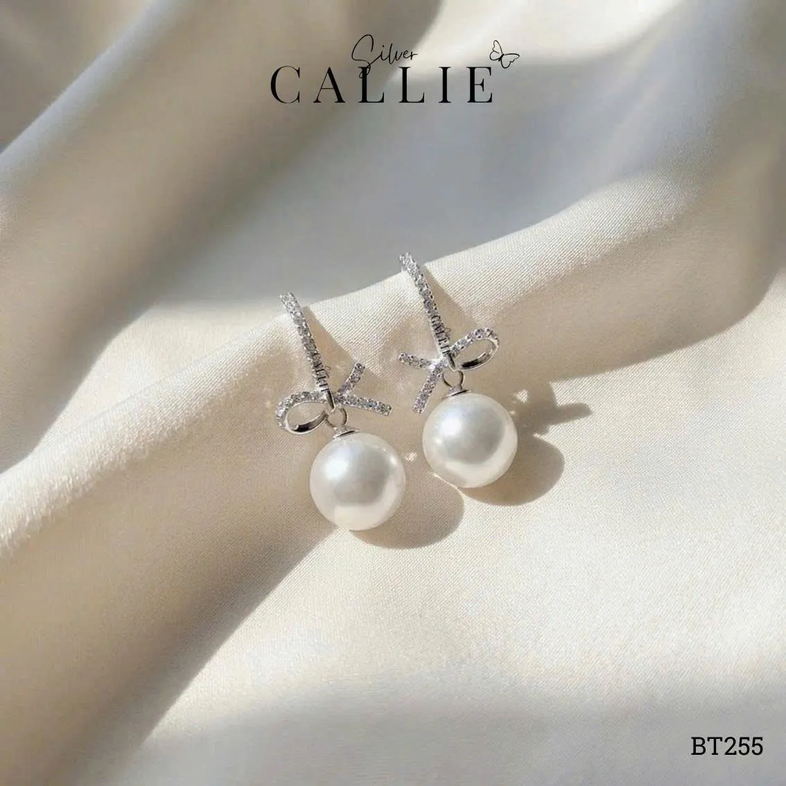BT255 - Bông tai bạc Callie Silver khoen đính đá charm nơ treo hột bẹt - Image 10