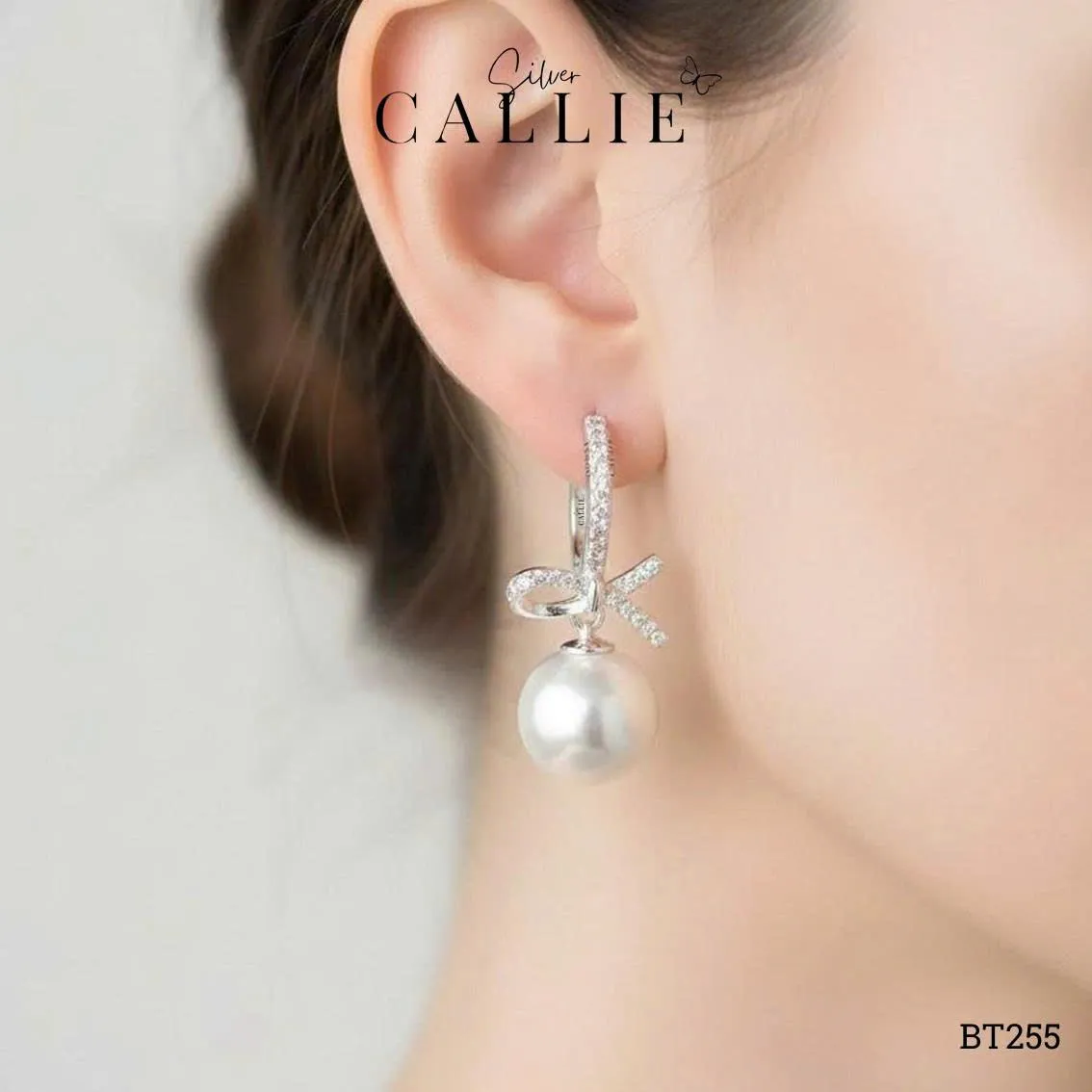 BT255 - Bông tai bạc Callie Silver khoen đính đá charm nơ treo hột bẹt - Image 2