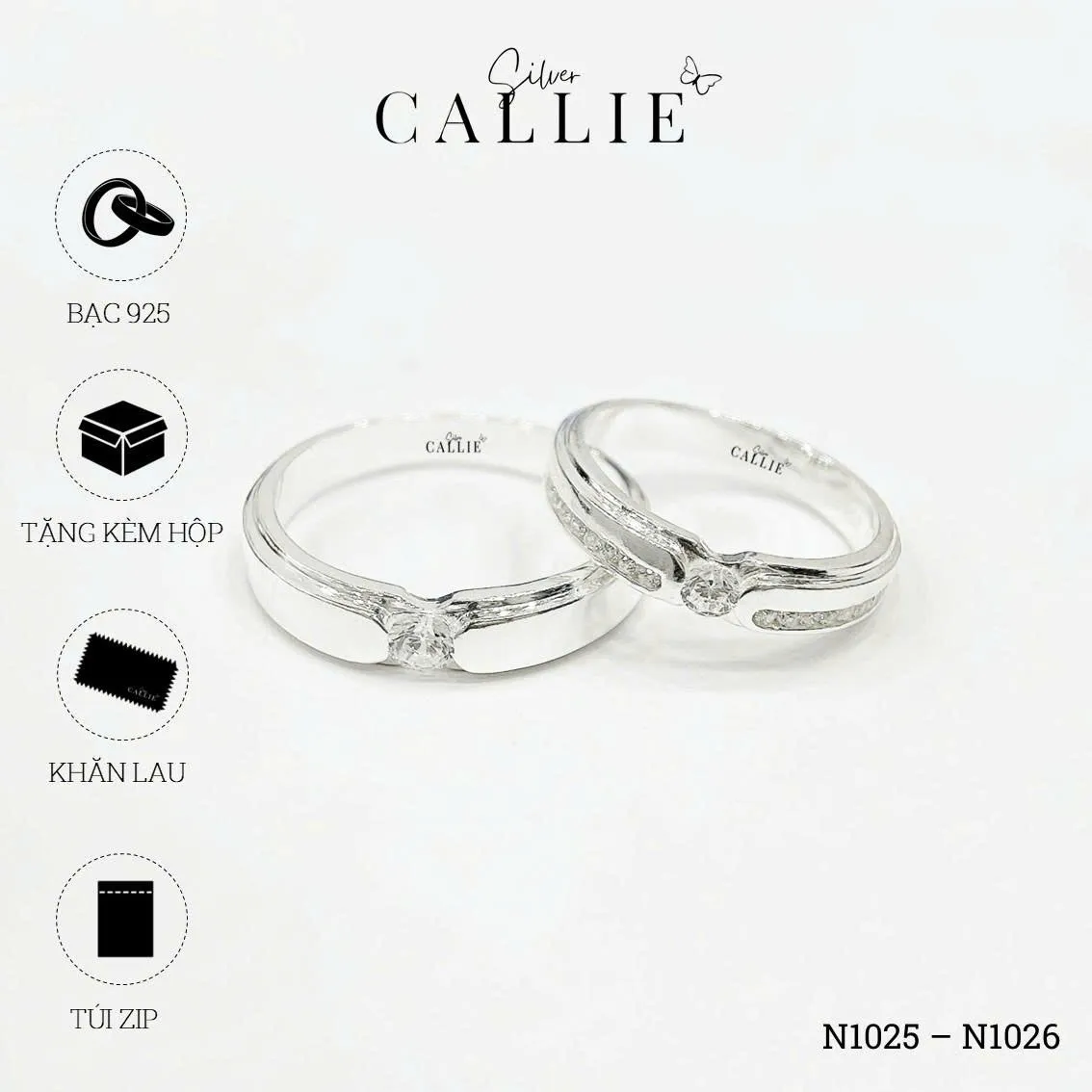 N1025 - N1026: Nhẫn bạc đôi Callie Silver 1 viên chủ - Image 11