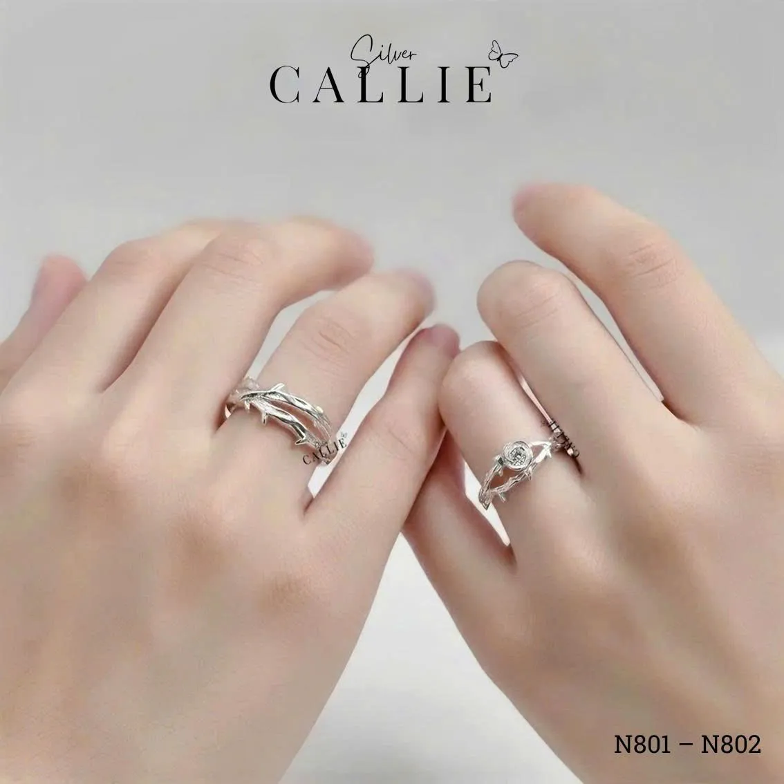 N801 - N802: Nhẫn đôi thiết kế Callie Silver hoa hồng và dây gai - Hình ảnh 2