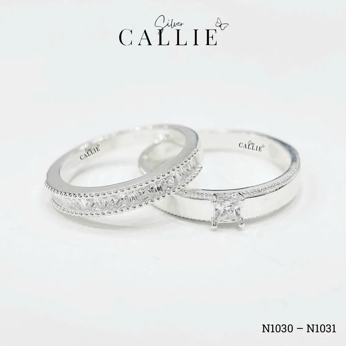 N1030 - N1031: Nhẫn bạc Callie Silver viền bi xen kẽ vuông và baguette - Image 3