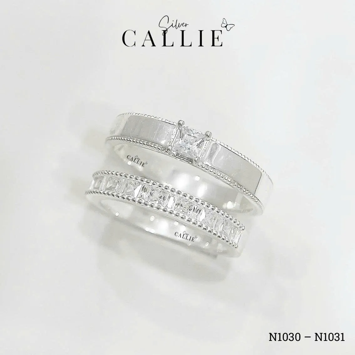 N1030 - N1031: Nhẫn bạc Callie Silver viền bi xen kẽ vuông và baguette