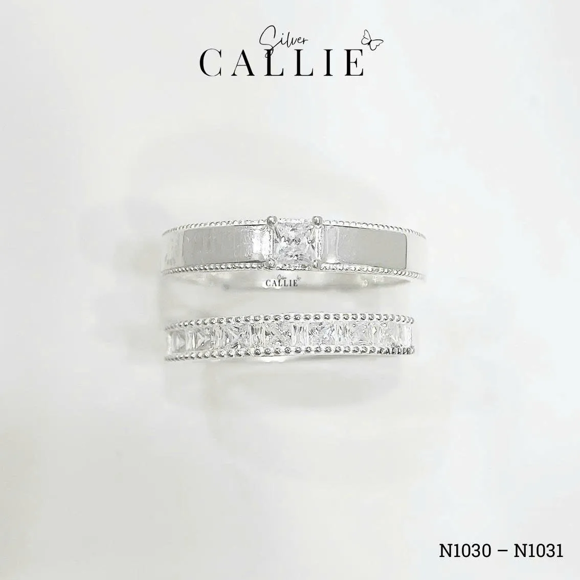 N1030 - N1031: Nhẫn bạc Callie Silver viền bi xen kẽ vuông và baguette - Image 8