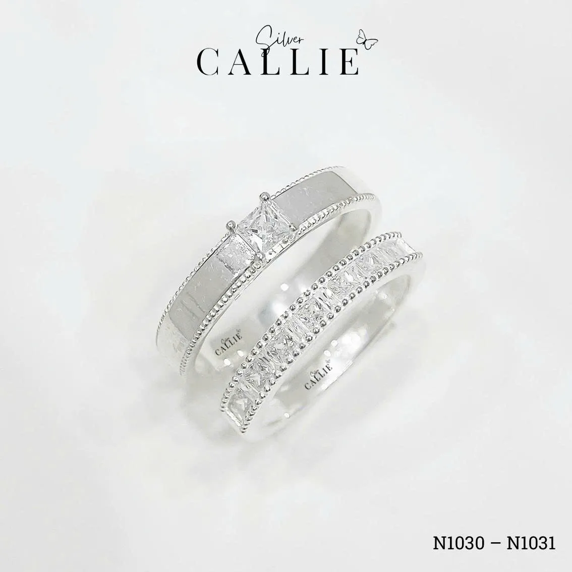 N1030 - N1031: Nhẫn bạc Callie Silver viền bi xen kẽ vuông và baguette - Image 4