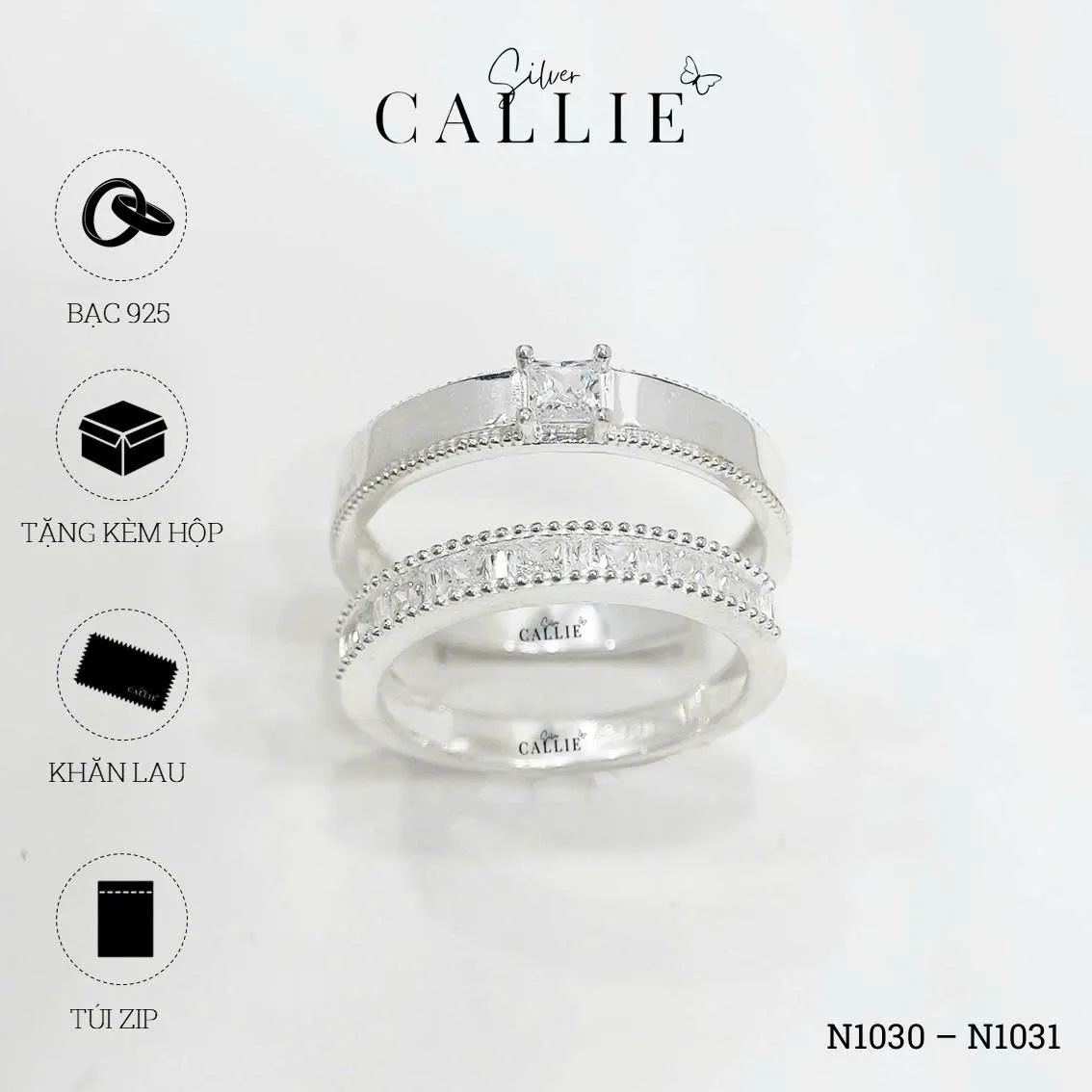 N1030 - N1031: Nhẫn bạc Callie Silver viền bi xen kẽ vuông và baguette - Image 10