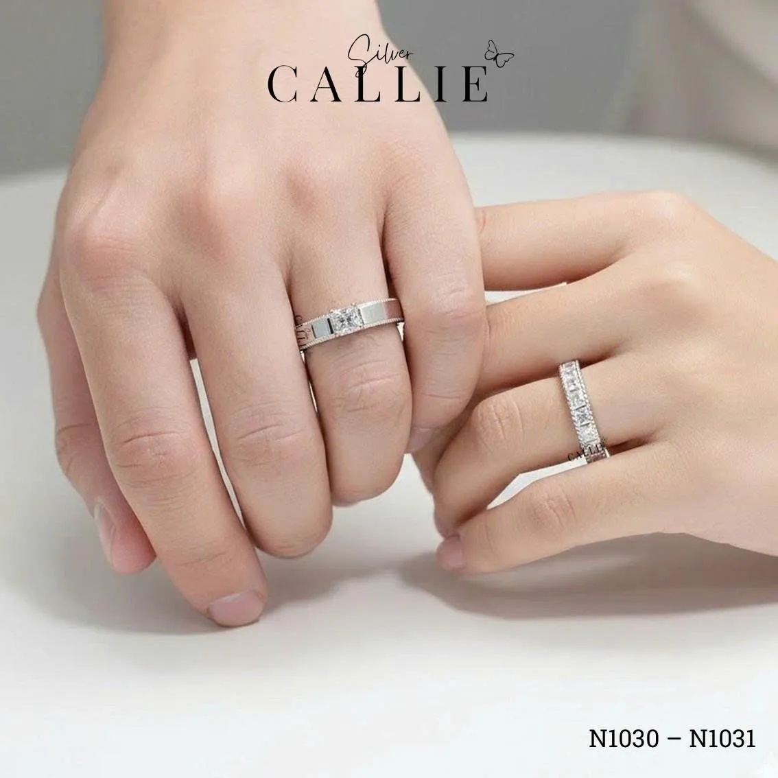 N1030 - N1031: Nhẫn bạc Callie Silver viền bi xen kẽ vuông và baguette - Image 2