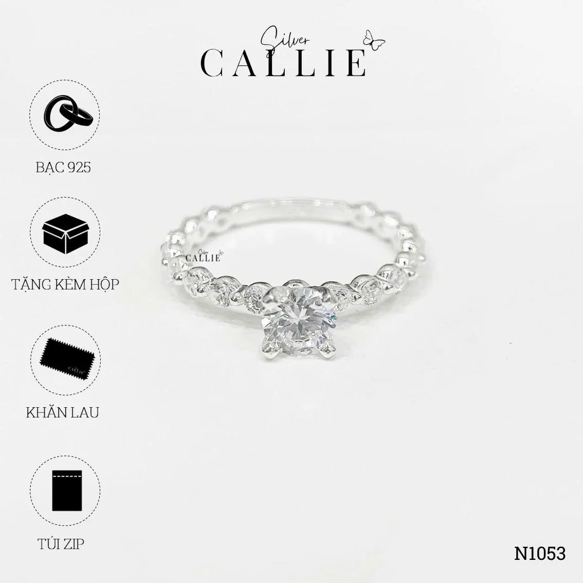 N1053 - Nhẫn Bạc Callie Silver Viên Chủ 5li Chấu Tròn Đai Tấm 2li1 - Image 11