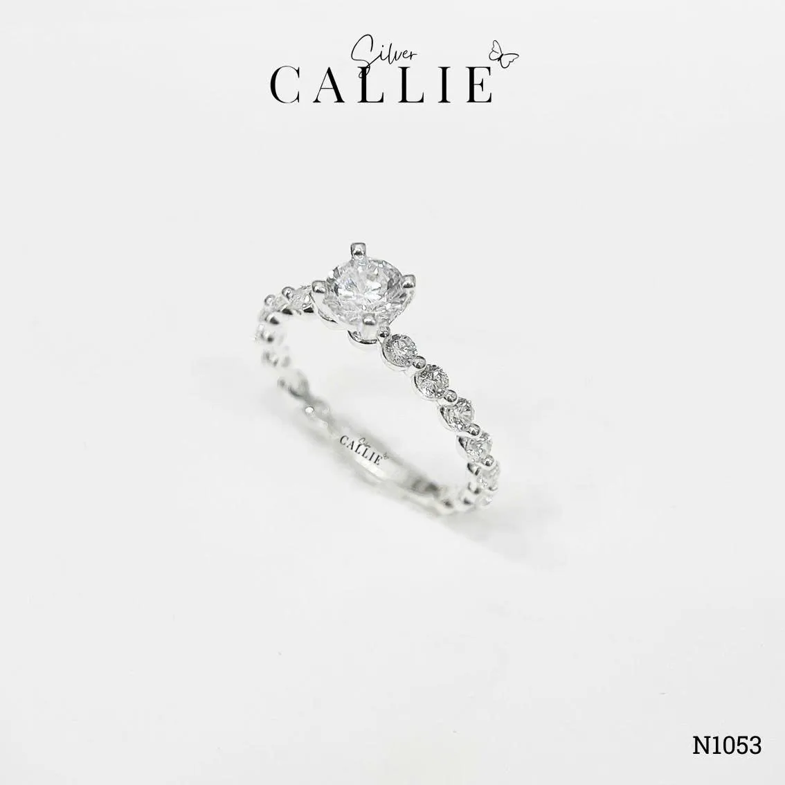 N1053 - Nhẫn Bạc Callie Silver Viên Chủ 5li Chấu Tròn Đai Tấm 2li1