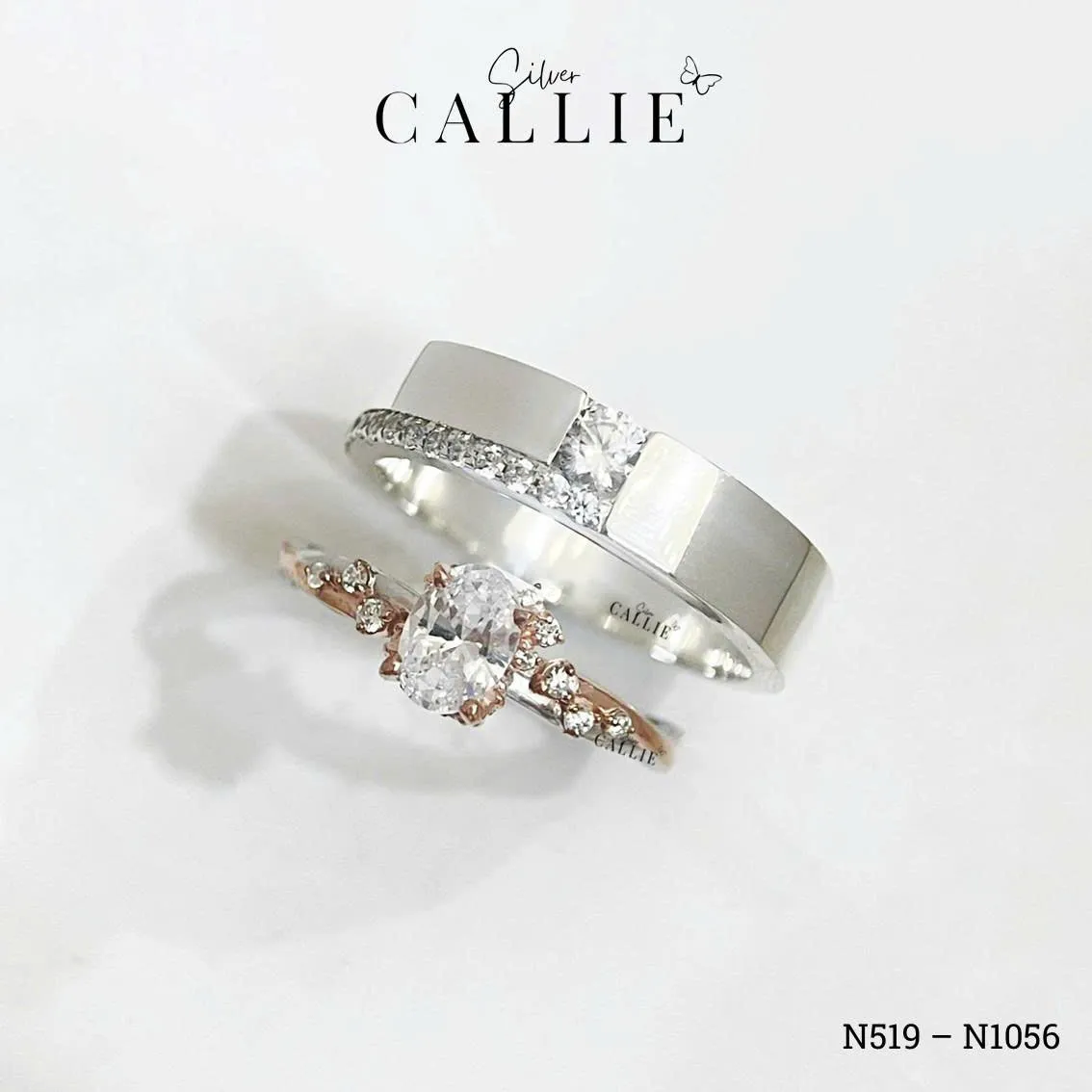 N519 - N1056: Nhẫn Bạc Đôi Thiết Kế Callie Silver 1 Viên Chủ