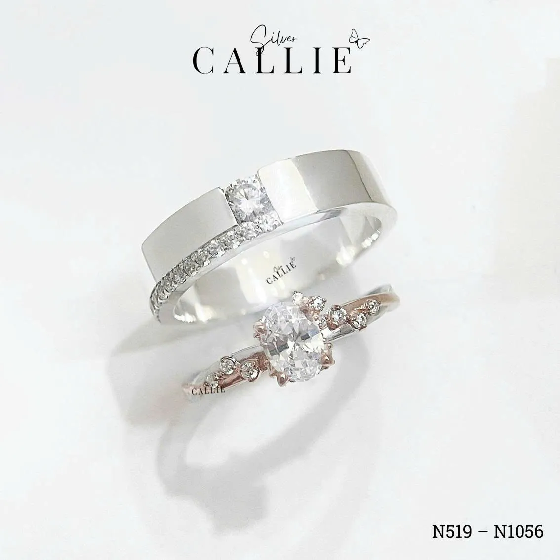 N519 - N1056: Nhẫn Bạc Đôi Thiết Kế Callie Silver 1 Viên Chủ - Hình ảnh 3