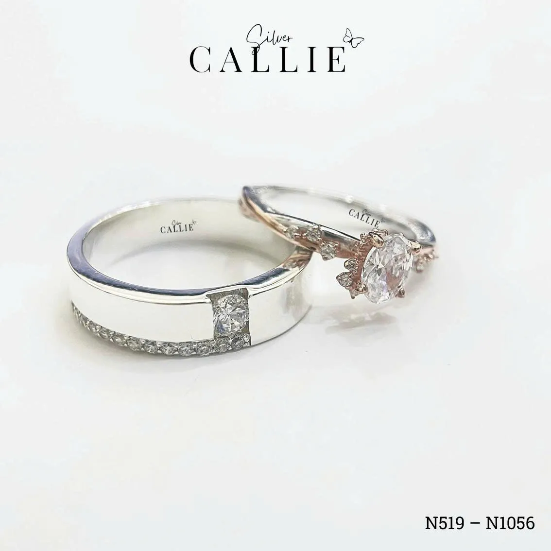 N519 - N1056: Nhẫn Bạc Đôi Thiết Kế Callie Silver 1 Viên Chủ - Hình ảnh 5