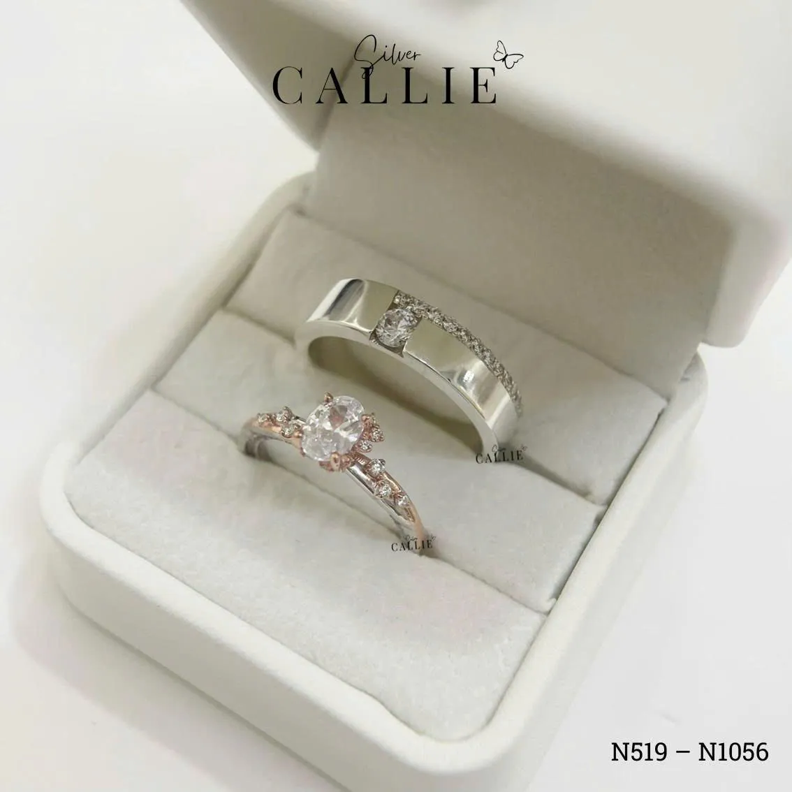 N519 - N1056: Nhẫn Bạc Đôi Thiết Kế Callie Silver 1 Viên Chủ - Hình ảnh 6