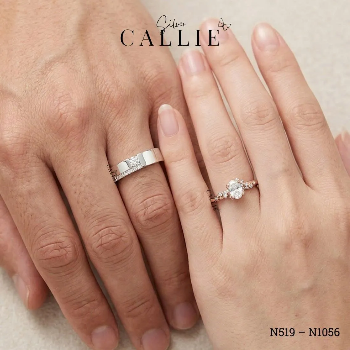 N519 - N1056: Nhẫn Bạc Đôi Thiết Kế Callie Silver 1 Viên Chủ - Hình ảnh 2