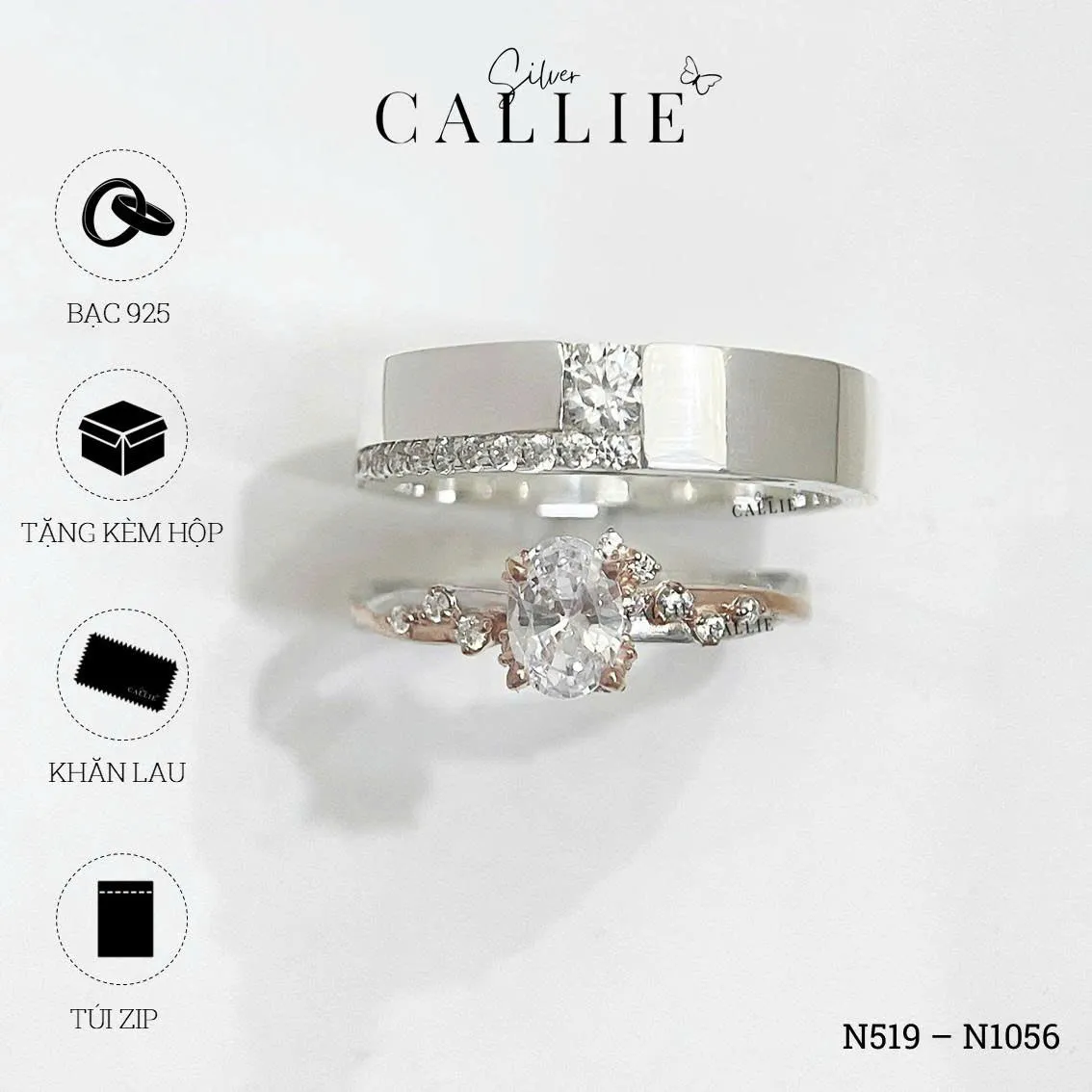 N519 - N1056: Nhẫn Bạc Đôi Thiết Kế Callie Silver 1 Viên Chủ - Hình ảnh 7