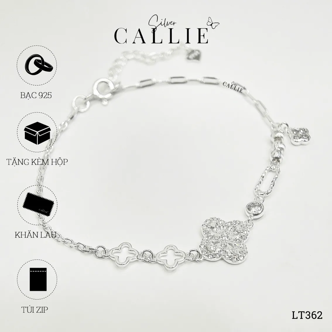 LT362 - Lắc tay bạc Callie Silver cỏ 4 lá và charm bi - Hình ảnh 12