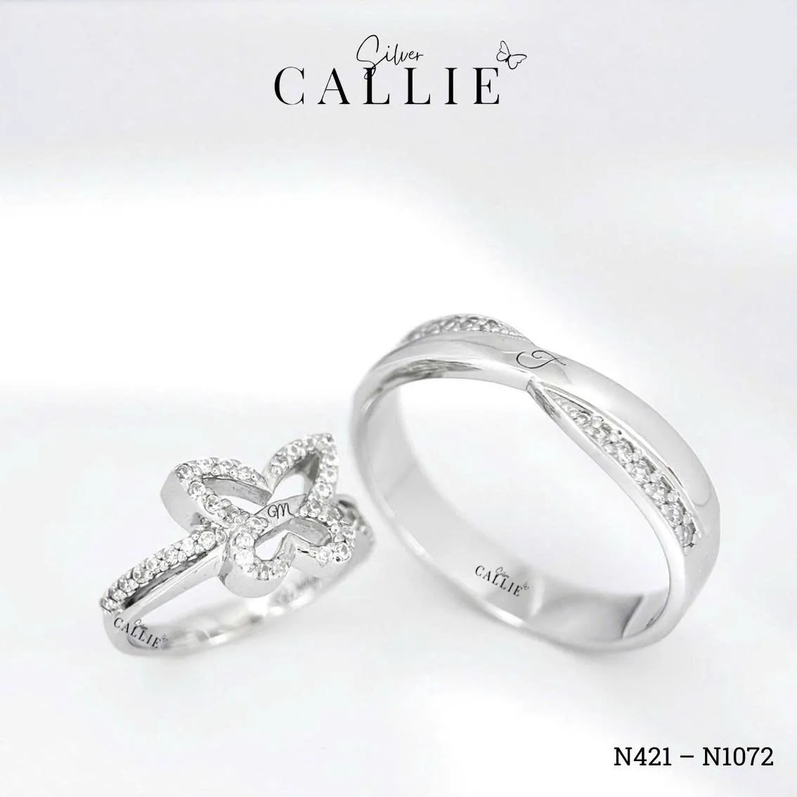 N1072 - N421: Nhẫn Bạc Thiết Kế Callie Silver Đai Chéo Mặt Bướm Đính Đá